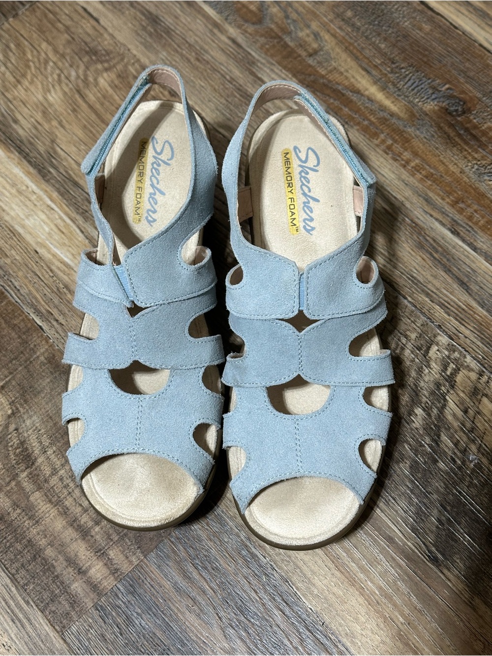 Skechers Memory Foam Women's Sky Blue Suede Slingback Wedge Sandals
